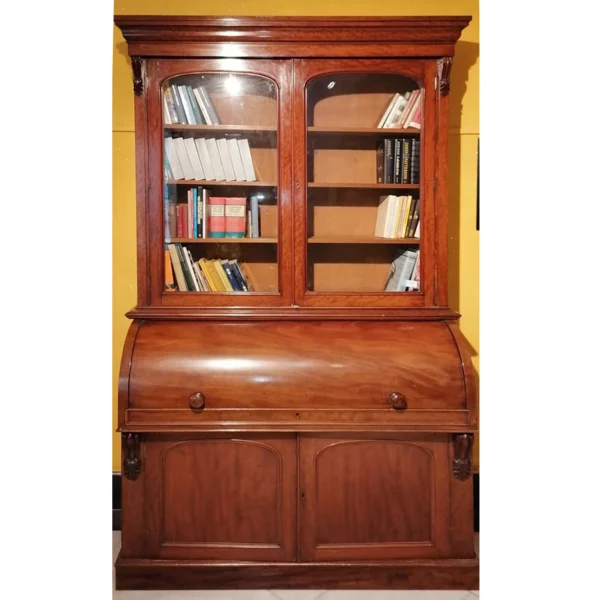 Antica “Bookcase” con ribalta a cilindro in mogano